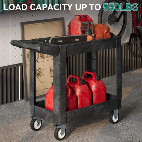 Heavy Duty Plastic Utility Cart On Wheels With 550 Lb Capacity 2 Shelf Rolling Service Cart For Warehouse Garage School And Office Cleaning YITAHOME Black loaded with tools and gas cans