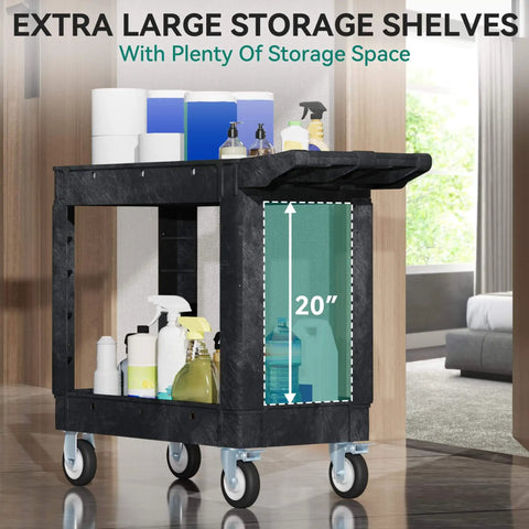 Heavy Duty Plastic Utility Cart On Wheels With 550 Lb Capacity 2 Shelf Rolling Service Cart For Warehouse Garage School And Office Cleaning YITAHOME Black side view with supplies