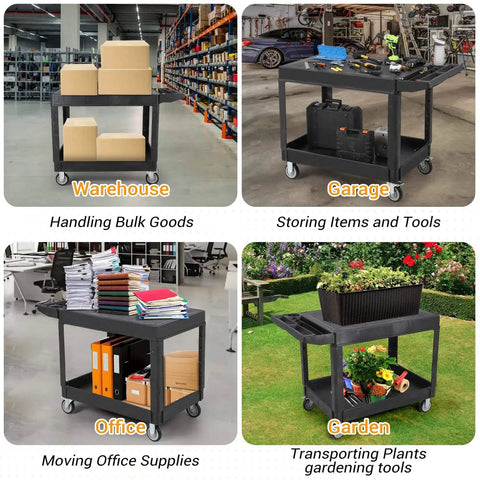 Beefy Heavy Duty Plastic Utility Cart With Flat Top And Two Shelves, 45.87 X 25.2 Inches Work Cart Holds Up To 550 Lbs in various settings: warehouse with boxes, garage with tools, office with documents, garden with plants.