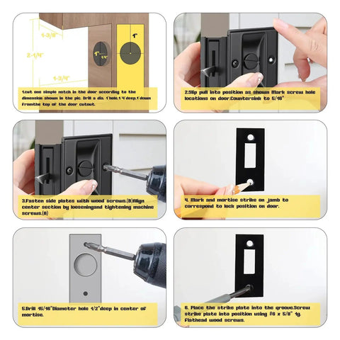 Installation steps for Pocket Door Lock With Privacy Latch In Matte Black Flush Mount Sliding Door Handle.