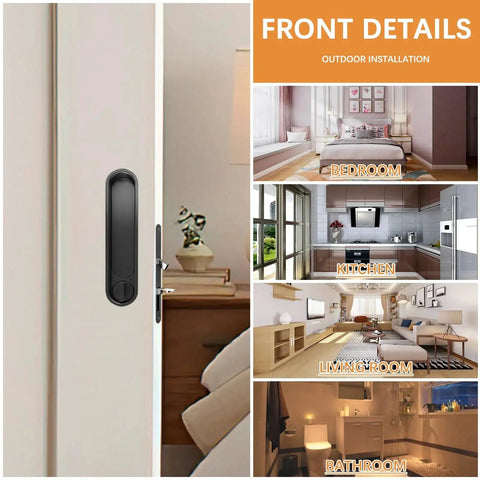 Privacy Door Lock Set With Hidden Pull And Recessed Latch, Circular Black Finish, shown on bedroom, kitchen, living room, and bathroom doors