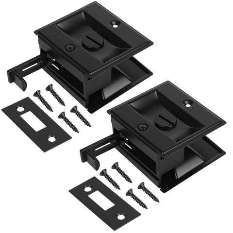 Stainless Steel Black Pocket Door Lock With Pull Durable Reversible Sliding Door Hardware For 1 3 8 Inch Thick Doors Easy Install And Privacy Protection Non Handed Design Two Pack, shown with screws and plates.