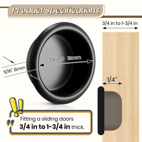 Diagram of 12 Pack Finger Pulls For Cabinets And Doors In Matte Black showing dimensions for pocket doors, 3/4 inch round.