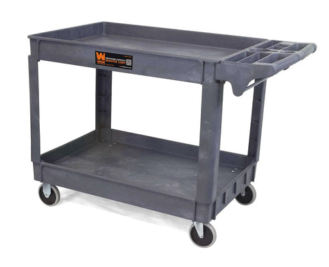 Heavy Duty Service Cart For Garage And Shop With 500 Pound Capacity Extra Wide 46 By 25.5 Inch Two Shelf Utility Cart 5 Inch Non Marring Casters For Smooth Moves And Easy Clean Surface WEN