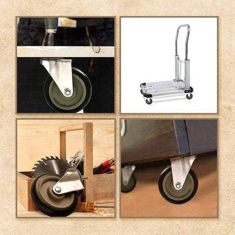 Collage showing 5 Inch Black Caster Wheel No Brake With Three Eighths To One Point Two Inch Threaded Stem Mount Industrial Grade Polyurethane Wheel on various equipment