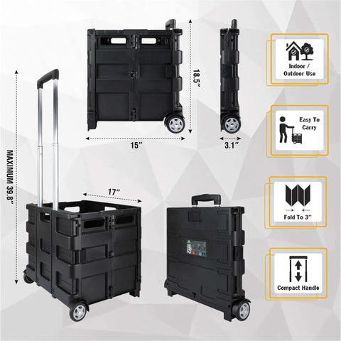 Grand Pack-N-Roll Portable Tools Carrier With Telescopic Handle 39.5 Inch Extension 80 Lb Load Black Workhorse Tote Cart folded