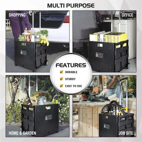 Collage showing Grand Pack-N-Roll Portable Tools Carrier with telescopic handle in various settings: shopping, office, home, job site.