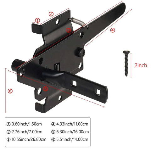 Built Tough Post Mount Gate Latch With Self Latching Fingertip Release, black steel latch with dimensions and screw included.