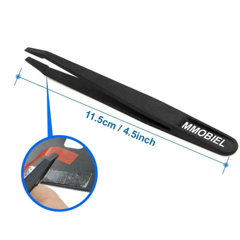 Black tweezers measuring 11.5cm with a close-up applying Clear Double Sided Acrylic Tape 1mm Wide 25m Long With Red Liner Removable Ultra Thin Adhesive Strip Transparent Strong Bond For LCD Screens, Crafts, Auto Dash Mounting And DIY Projects