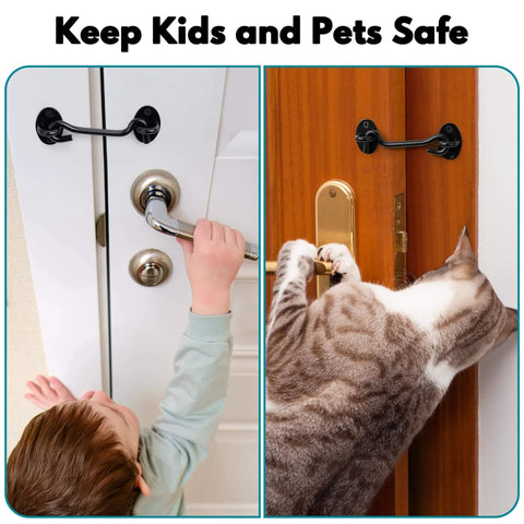 Child and cat pushing doors secured with 2 Pack Privacy Hook and Eye Latch for Barn Door, Stainless Steel Gate Latch Barn Door Lock