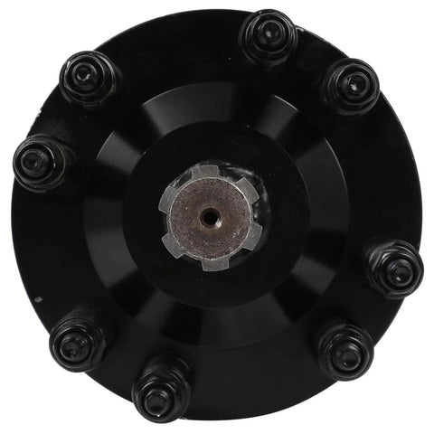 Black PTO Slip Clutch, ACZCR 1-3/8" 6 Splines Both Ends Slip Clutch shown from a top view, highlighting bolt details and central opening.