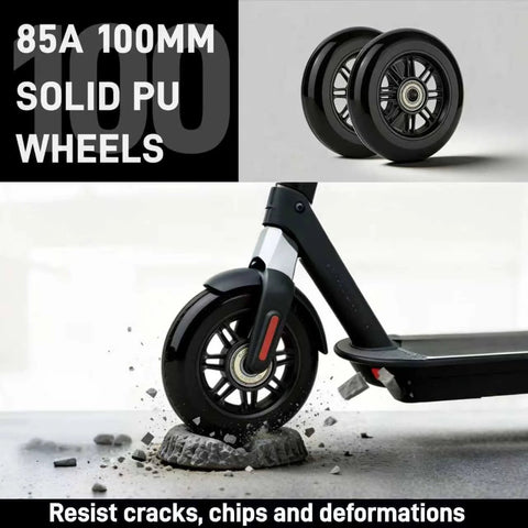 Pro Kick Scooter Replacement Wheels 100mm Pair installed on a scooter over rocky surface, showing high-speed smooth bearings, black color.
