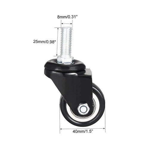 Four Pack of 1.5 Inch Swivel Caster Wheels PU 360 Degree Threaded Stem M8 by 25mm Black Polyurethane Wheels, side view with measurements