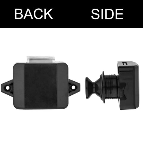 Back and side view of 5 Piece Push Button Latch Cabinet Door Catch Keyless Cupboard Locks For RV Motorhome Camper Caravan Black Durable Zinc Alloy