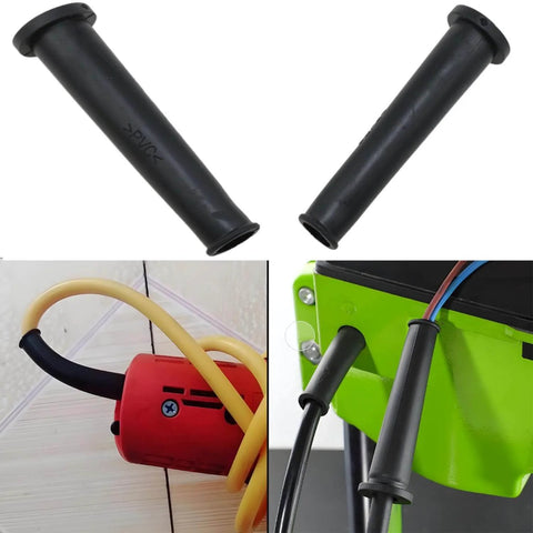 Heavy Duty Cable Gland Sleeve Set For Electric Drills PVC Cord Protection Boots Black Rubber Protective Sleeves 8 Pack Durable Anti Aging Cord Sleeves For Safer Wiring And Easy Grip shown installed on drills and power tools with close-up of black sleeves.