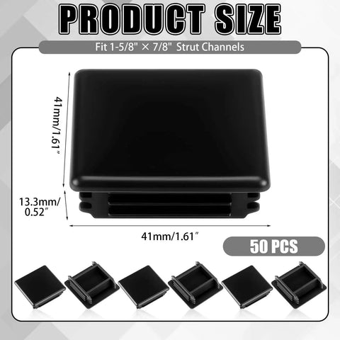 Protective end caps for 1-5/8 inch square plastic strut channels in a 50‑piece bulk pack, showing dimensions and black PVC material.