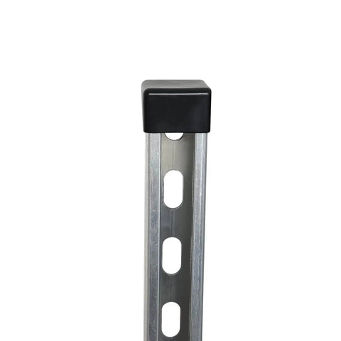 Black PVC square end caps for 1-5/8 inch strut channels installed on a metal channel, showing a neat and protective finish.