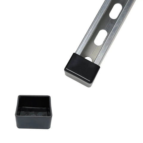 Black PVC square end cap installed on 1-5/8 inch strut channel, durable, flexible protection shown with cap off to the side.