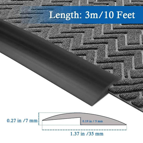 Floor Transition Strip Self Adhesive Carpet & Flooring Transitions Edging Trim Strip PVC Threshold Transitions Suitable for Threshold Height Less Than 5mm (10Ft, Black), showing dimensions and length.