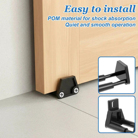 Universal Adjustable Sliding Barn Door Floor Guide With Wall Mount Bottom Stopper For RVs Barns Closets And Indoor Sliding Doors Durable Plastic Construction Easy To Install Includes Screws Black installed on door
