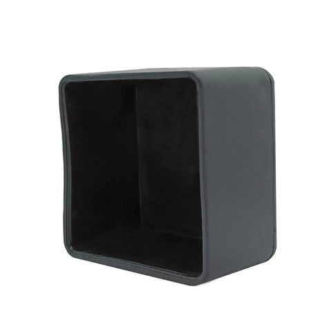 Angled view of black PVC square end cap for 1-5/8 inch strut channels, showcasing durable, flexible protection.