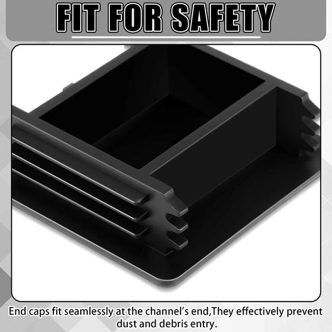 Close-up of protective end caps for 1-5/8 inch square plastic strut channels in a 50‑piece bulk pack, black PVC material.