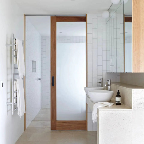 Bathroom with recessed finger flush pulls 6 inch aluminum rust proof door pull for pocket doors in a modern design