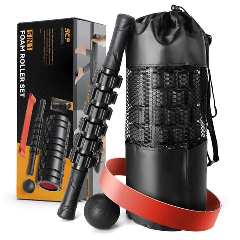 5 In 1 Deep Tissue Massage Set With Foam Roller, Trigger Point Roller Stick, Massage Ball, Resistance Band And Yoga Stretch Band.