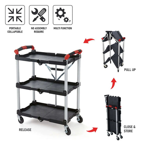 Portable Folding Tool Service Cart On The Go With 150 Lb Capacity, Locking Mechanism, Three Shelf Ergonomic Design, Black Red Finish For Tools And Maintenance, Olympia Tools