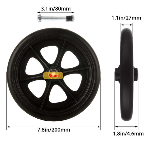 2Pcs 8 Inch Walker Wheels Replacement, Wheelchair Front Wheels, Rubber Rollator Wheel Replacement Durable and Quiet Wheelchair Replacement Wheel Accessories, Black shown in close-up with dimensions.