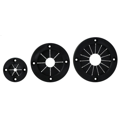 Rigging Grommet 3 Inch Black For Boats And Docks With Rugged Rubber Center And Durable Plastic Ring Protects Lines And Wiring Passing Through Decks And Rails Preventing Snags And Wear For Marina Installations shown in multiple sizes against a white background
