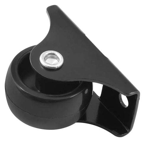 Close-up of a 1-inch rigid caster wheel with metal top plate for furniture, non swivel fixed caster in black hard plastic.