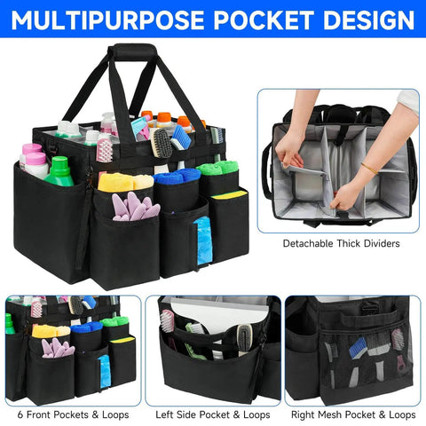 Pro Grade Large Rolling Cleaning Caddy Bag With Detachable Trolley And Shoulder Strap, showing front and side pockets filled with supplies