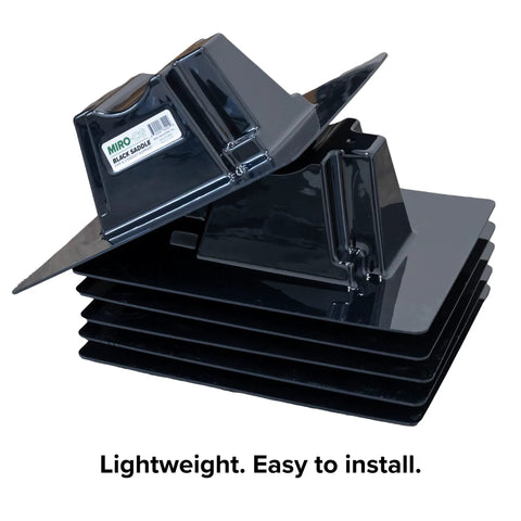 Black saddle rooftop pipe support with stacked polycarbonate roof blocks; MIRO Saddle.