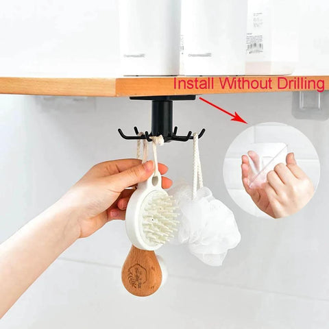 2pcs Under Cabinet Kitchen Utensil Rack,360° Rotating Under Shelf Kitchen Utility Hooks,Adhesive install, holds brushes