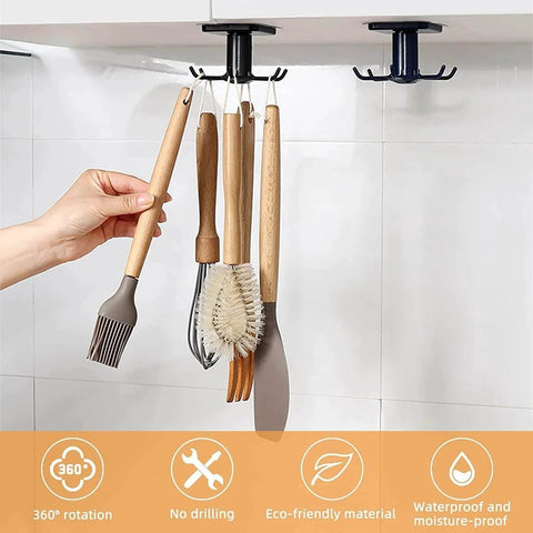 2pcs Under Cabinet Kitchen Utensil Rack,360° Rotating Under Shelf Kitchen Utility Hooks,Adhesive Kitchen Utensil Tools Storage Holder,Black installed with hanging utensils