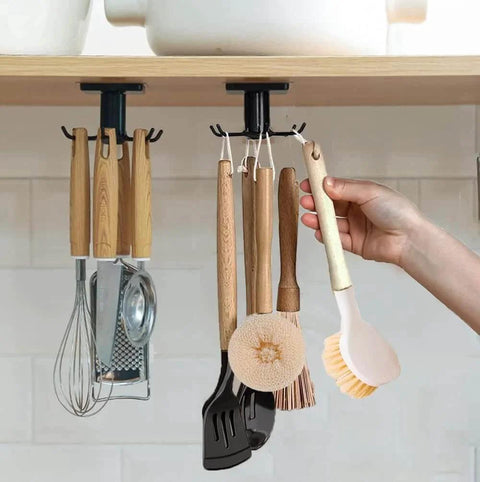 2pcs Under Cabinet Kitchen Utensil Rack,360° Rotating Under Shelf Kitchen Utility Hooks,Adhesive Kitchen Utensil Tools Storage Holder,Black