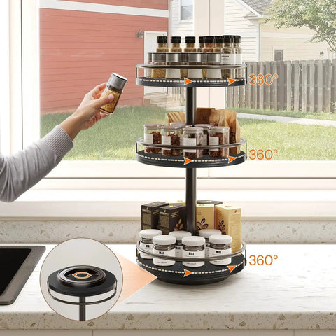 Rotating Spice Rack Lazy Susan With 360 Degree Turntable And Large Capacity Three Tier Vertical Storage Organizer in use on kitchen counter