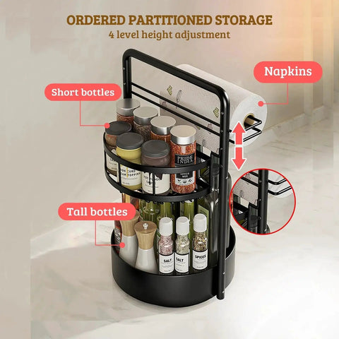 Black 2-tier rotating spice rack with paper towel holder featuring various spice bottles, napkins, and adjustable height for countertops.