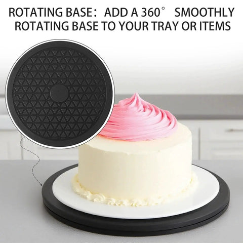 A cake on a Heavy Duty Rotating Swivel Stand With 8 Inch Lazy Susan Base displaying 360 degree turntable with non slip groove.