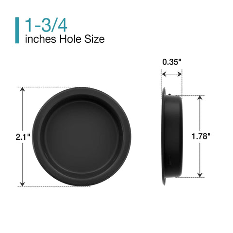 2 Inch Round Closet Door Finger Pulls 4 Pack In Black with dimensions and side view. Matte black finish for cabinet, pocket, sliding doors.