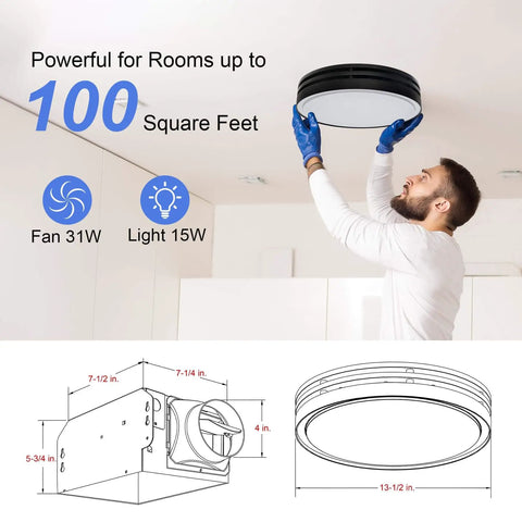 Installation of Powerful 110 CFM Bathroom Exhaust Fan With Light From Akicon, showing round black ceiling vent.