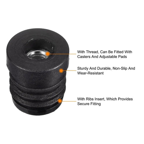 8 Piece Set Round Tube Inserts With M6 Thread For 19mm Diameter Round Tubes Black Plastic Plug featuring thread, ribs, and durability.