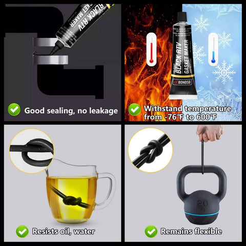 Black RTV Silicone Sealant Gasket Maker For Automotive, High Temp Up To 600F, oil resistant, sensor safe, flexible use shown.