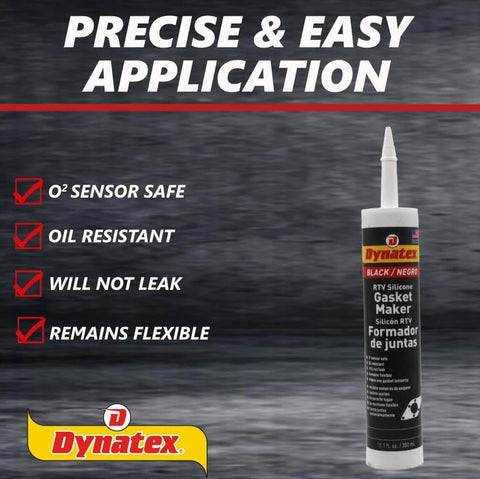 Black RTV Silicone Gasket Maker 300ml Cartridge For Instant Gasket Creation Honda Bond Sealant With Temperature And Oil Resistance No Nonsense Gasket Sealer That Remains Flexible Up To 500 Fahrenheit, shown next to product features like oil resistance and flexibility.