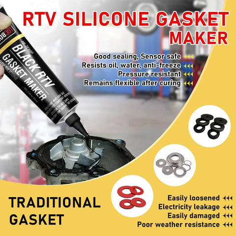 Black RTV Silicone Sealant Gasket Maker For Automotive in use on car engine, showing flexibility and oil resistance features.
