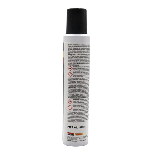 Side view of Low-Volatile RTV Silicone Gasket Maker For Automotive, Instant Leak-Proof Sealant, 8 oz can, with safety warnings.