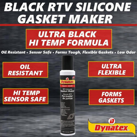 Low-Volatile RTV Silicone Gasket Maker For Automotive, Instant Leak-Proof Sealant, 8 oz can, black RTV shown with key features listed.