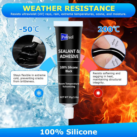 Black RTV Silicone Sealant Adhesive For All Purpose Waterproof Sealing In Car Windows Bathroom And Kitchen With Fast Curing Quick Set Shrink And Crack Proof High Bond Strength 100 Percent Silicone Caulk 1.8 Oz 50 G tube with weather resistance features