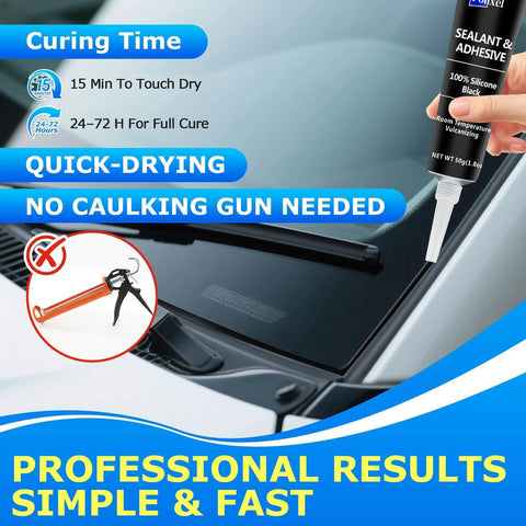 Image showing Black RTV Silicone Sealant Adhesive For All Purpose Waterproof Sealing In Car Windows Bathroom And Kitchen With Fast Curing Quick Set Shrink And Crack Proof High Bond Strength 100 Percent Silicone Caulk 1.8 Oz 50 G, being applied on a car window.